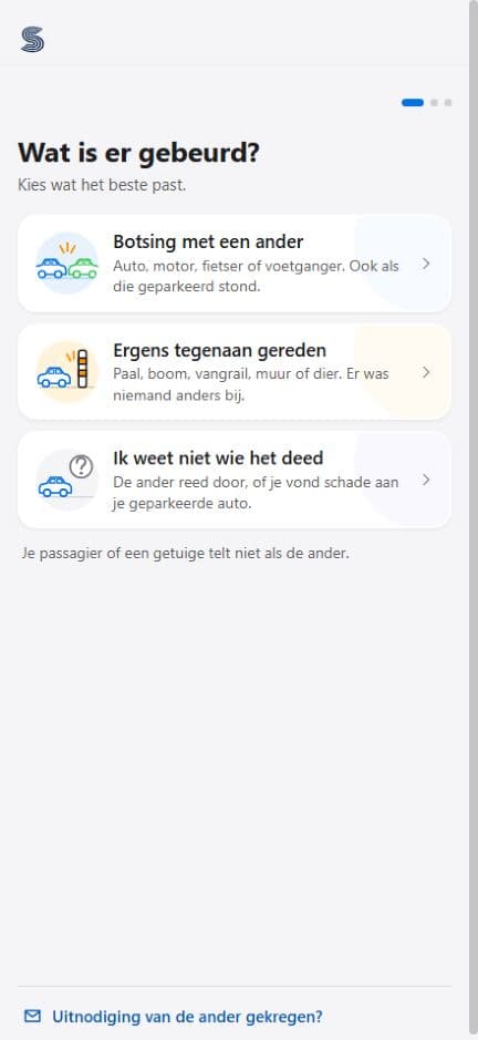 Eerste keuze in de schadeformulier-app: botsing met een ander, ergens tegenaan gereden of onbekende tegenpartij