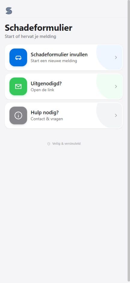 Leeg startscherm van Schadeformulier Online met Schadeformulier invullen, Uitgenodigd en Hulp nodig